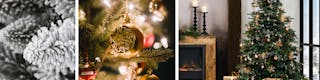 Besneeuwde takken, goudkleurige kerstbal, kerstboom