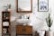 Badezimmer im Industrial-Chic mit Fensterblick, Backstein-Hingucker und einem Regal und Wachbeckenunterschrank in cooler Holz-Metall-Kombi