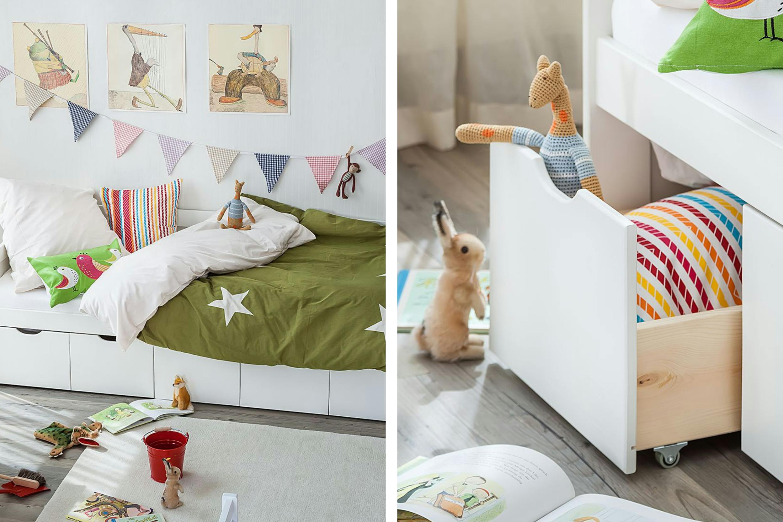 Kinderbett mit integrierten Schubladen für Stauraum