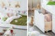 Deux photos montrant un lit d'enfant en bois blanc avec rangements intégrés