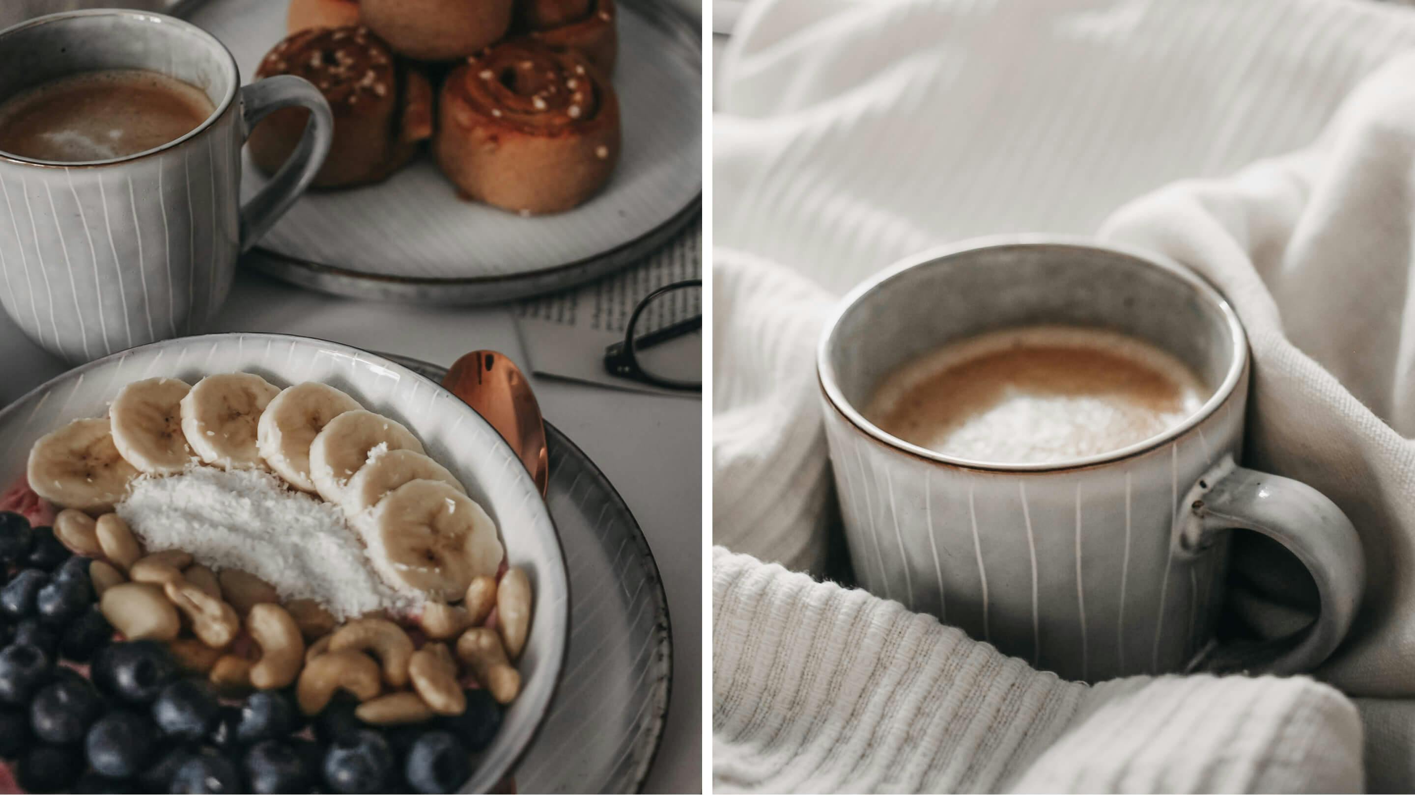 Schale mit Müsli und Teller in Grau mit Zimtschnecken (links), Kaffeebecher mit Milchkaffee (rechts). Marke: Butlers.