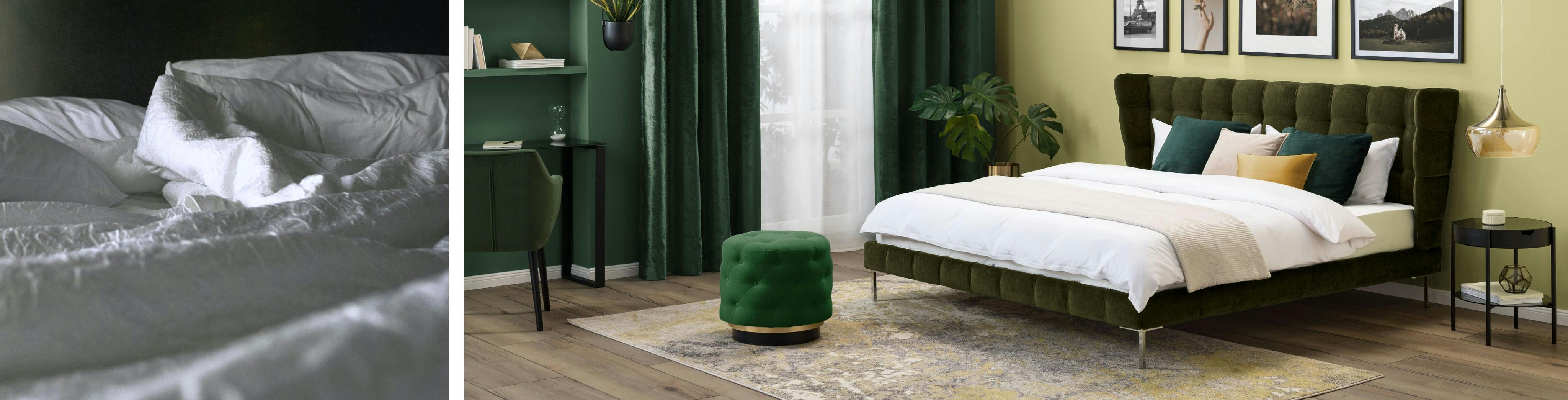Combo de deux photos, l'une de linge de lit blanc froissé, l'autre d'une chambre aux tons verts, y compris les rideaux, les meubles et la déco, le lit, et dont löe linge est blanc