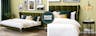 Camera da letto in stile hotel con un letto imbottito di velluto verde scuro, lenzuola bianche, plaid beige e cuscini decorativi verdi, oro e beige, un tavolino rotondo e nero con libri e un portacandele color oro; sopra, una lampada a sospensione di vetro.