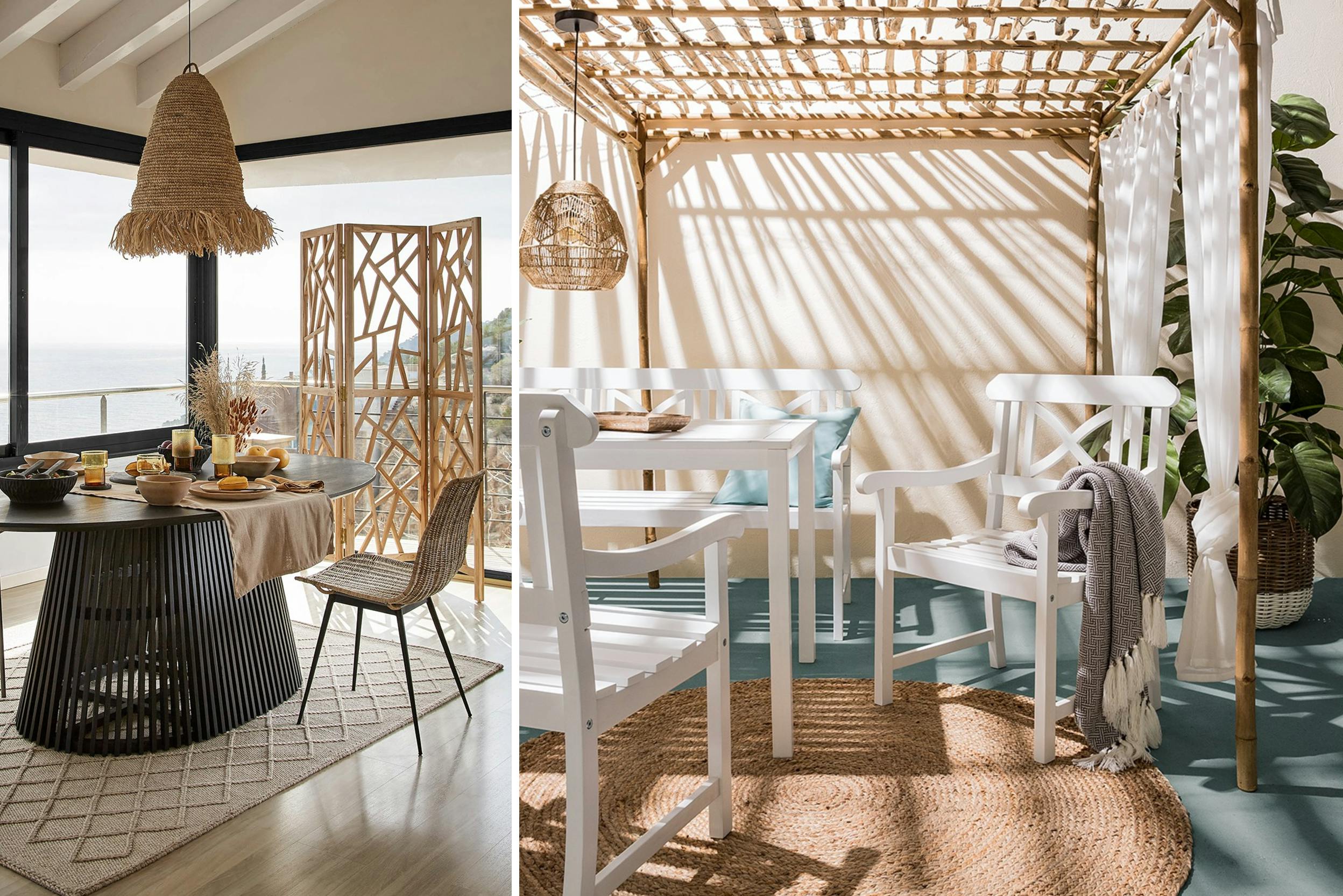 Gartenmöbel für kleine Terrasse wie weiße Gartenstühle, Bank und Tisch