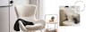 Rocking chair en tissu peluche de couleur crème et aux pieds noirs et en bois blond ; lit boxspring beige avec coussins dans des tons neutres et foncés