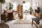 Wohnzimmer im Boho-Style mit einem Ledersofa, Holzmöbeln mit Wiener Geflecht, Rattan, vielen Pflanzen, Textilien und Deko aus Messing