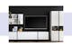 Collage aus zwei Wohnzimmer-Settings: moderne TV-Möbel, Wandboard und Highboard in Weiß vor schwarzer Rückwand sowie ein TV-Lowboard in schwarzer Marmoroptik mit Wandbehang und Teppich in Beige und Schwarz