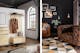 Ingresso con mobili in legno chiaro, soffitto nero e poltrona chesterfield con lampade a sospese industriali e parete nera