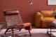 Wohnzimmer mit einem braunen Ledersessel in Flechtoptik, einem Ledersofa in Cognacbraun und einem schwarzen Couchtisch aus Glas und Metall. Dazu eine schwarze Stehleuchte, ein roséfarbener Teppich, ein Wandbild mit einer Hundezeichnung sowie eine orangefarbene Decke.