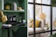 Trendvorschau home24 Katalog Herbst/Winter 2021: Arbeitsecke im edlen Mix aus tannengrüner Wand und goldenen Accessoires; Blick durch gläserne Trennwand ins natürlich eingerichtete Schlafzimmer