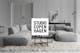 Presentatie van de meubels van het home24 huismerk Studio Copenhagen met merklogo in focus, modern Scandinavisch ingerichte woonkamer met een grijze zithoek, eenvoudige salontafel in marmerlook en een hoogpolig vloerkleed in de Scandinavische hygge stijl.