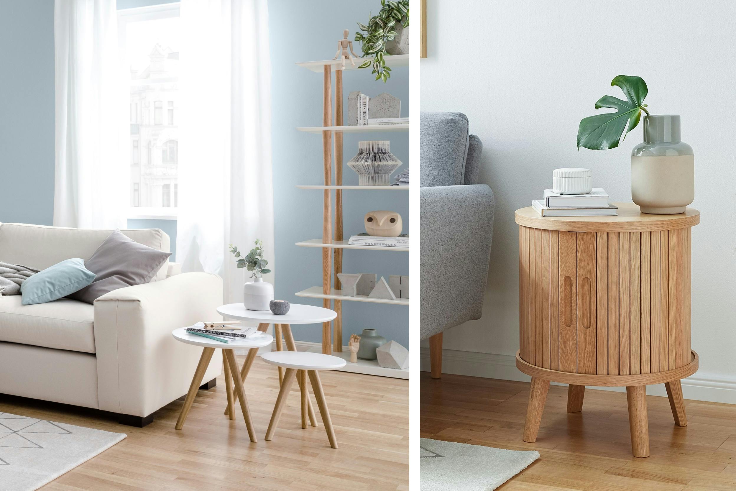 Combos de deux photos de deux salons dont certains meubles sont de petite taille, comme les tables basses
