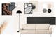 Moodboard im Farbschema Creme, Grau und Schwarz mit Sideboard und Samtsofa ergänzt um Wohnaccessoires wie Wandbilder, Keramik und Lampen
