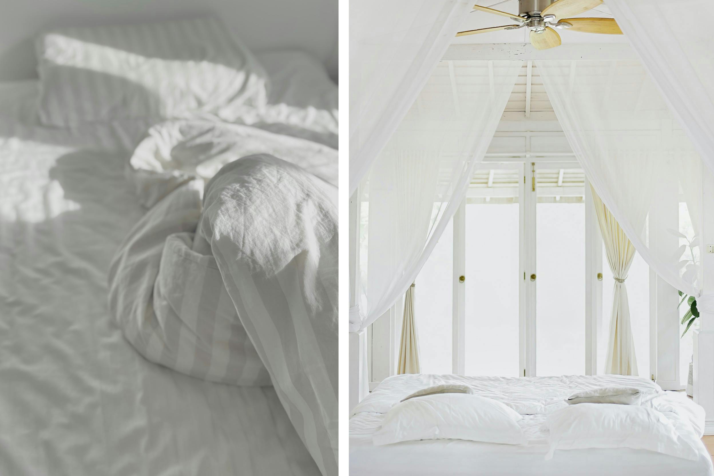 Deux photos, l'une d'un lit défait avec un linge de lit blanc, l'autre un lit à baldaquin avec rideaux translucides blancs et ventilateur au plafond, devant une grande fenêtre dans une pièce lumineuse