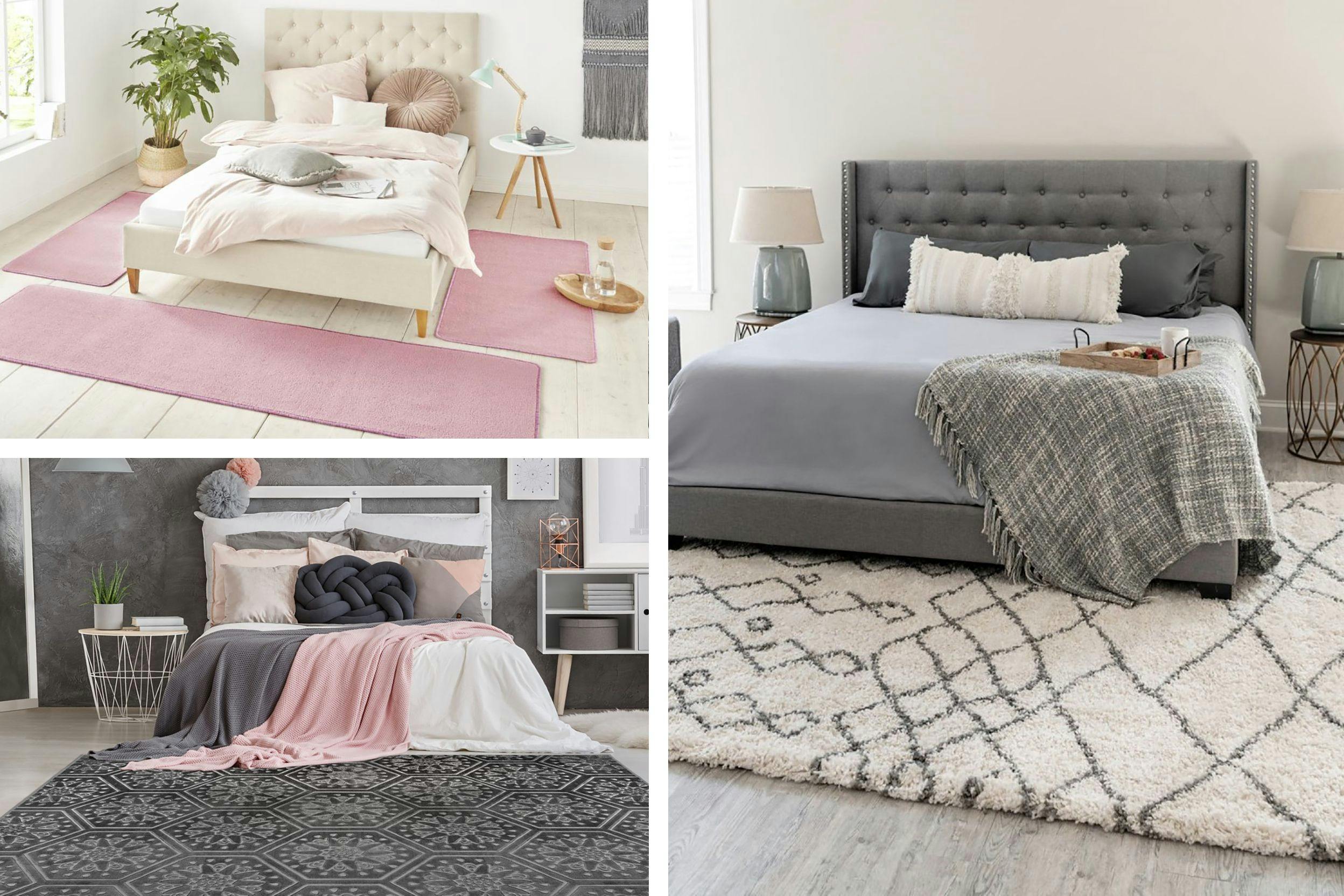 Trois photos de chambres à coucher, avec tapis divers: descentes de lit rose bonbon, ou tapis gris foncé à motifs au pied du lit, ou tapis beige à motifs sous le lit
