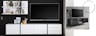 Collage aus zwei Wohnzimmer-Settings: moderne TV-Möbel, Wandboard und Highboard in Weiss vor schwarzer Rückwand sowie ein TV-Lowboard in schwarzer Marmoroptik mit Wandbehang und Teppich in Beige und Schwarz