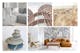 Collage aus beruhigenden skandinavischen Landschaften, den Axel-Türmen in Kopenhagen, gestapelten Steinen sowie einem grauen und einem braunen Sofa Hudson im Wohnzimmer