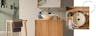 Scandi badkamer met een houten wastafel en een terrazzo wasbak met zwart beslag