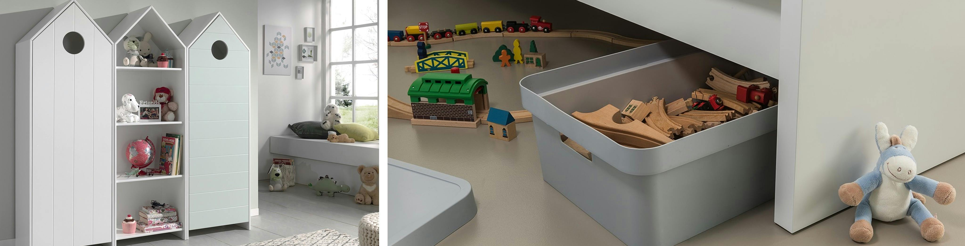 Kasten in de vorm van een huis, speelgoed en knuffels, houten spoorbaan, opbergbox onder het bed, knuffelezel