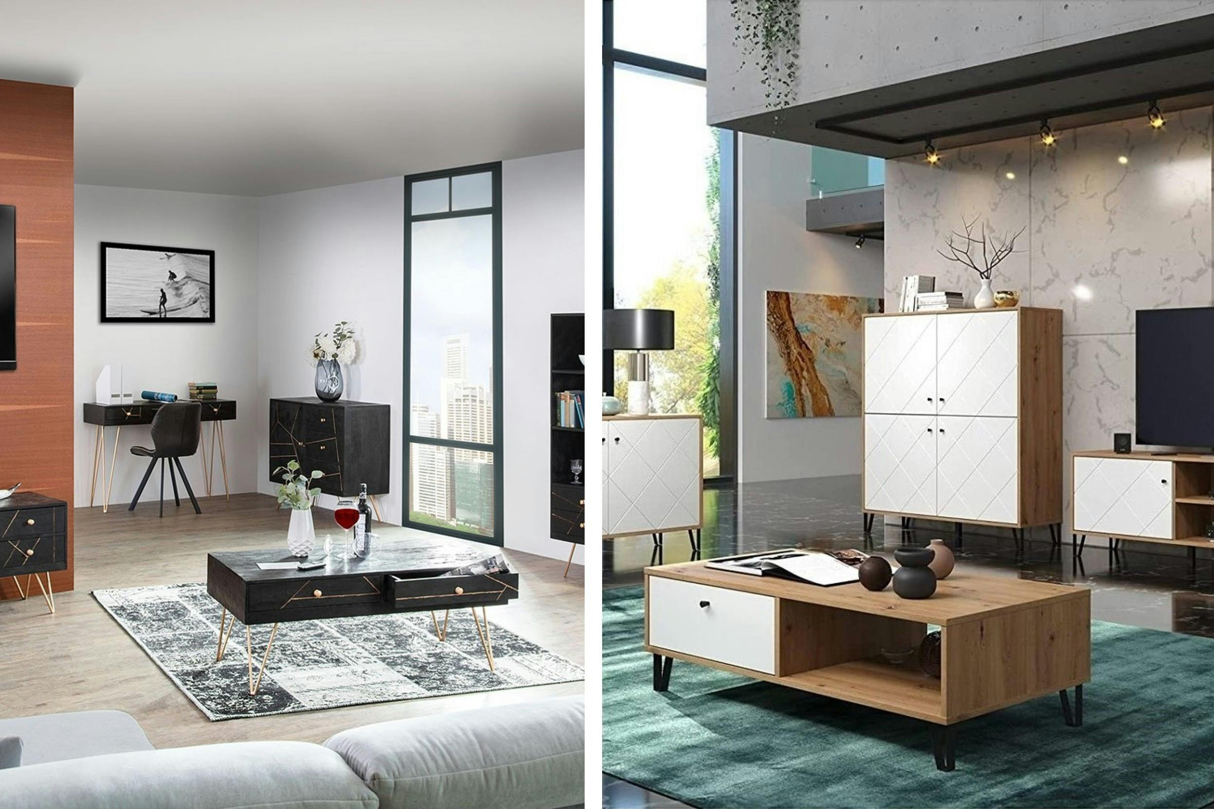 Due soggiorni con mobili con gambe a forcina: dorate in stile glamour (sinistra), nere in stile moderno-scandinavo (destra)