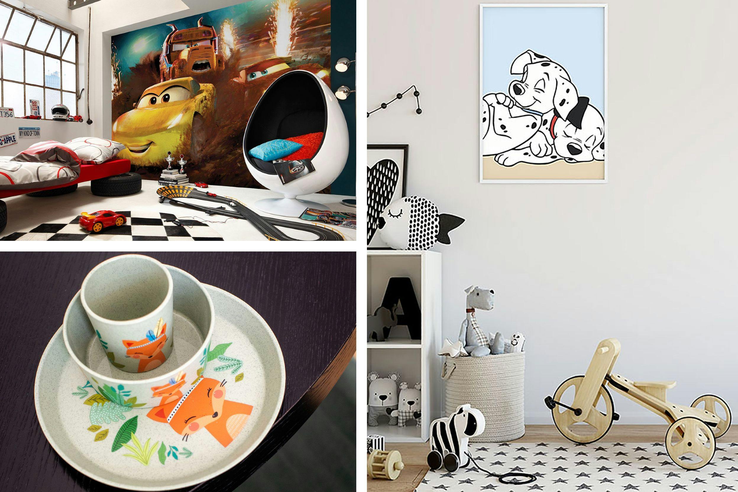 Trois photos : la première, chambre d'enfant avec mur d'accent et papier peint de la série Cars, la deuxième, vaisselle pour enfant, et la troisième, un tableau des 101 dalmatiens accroché au mur dans une chambre d'enfant