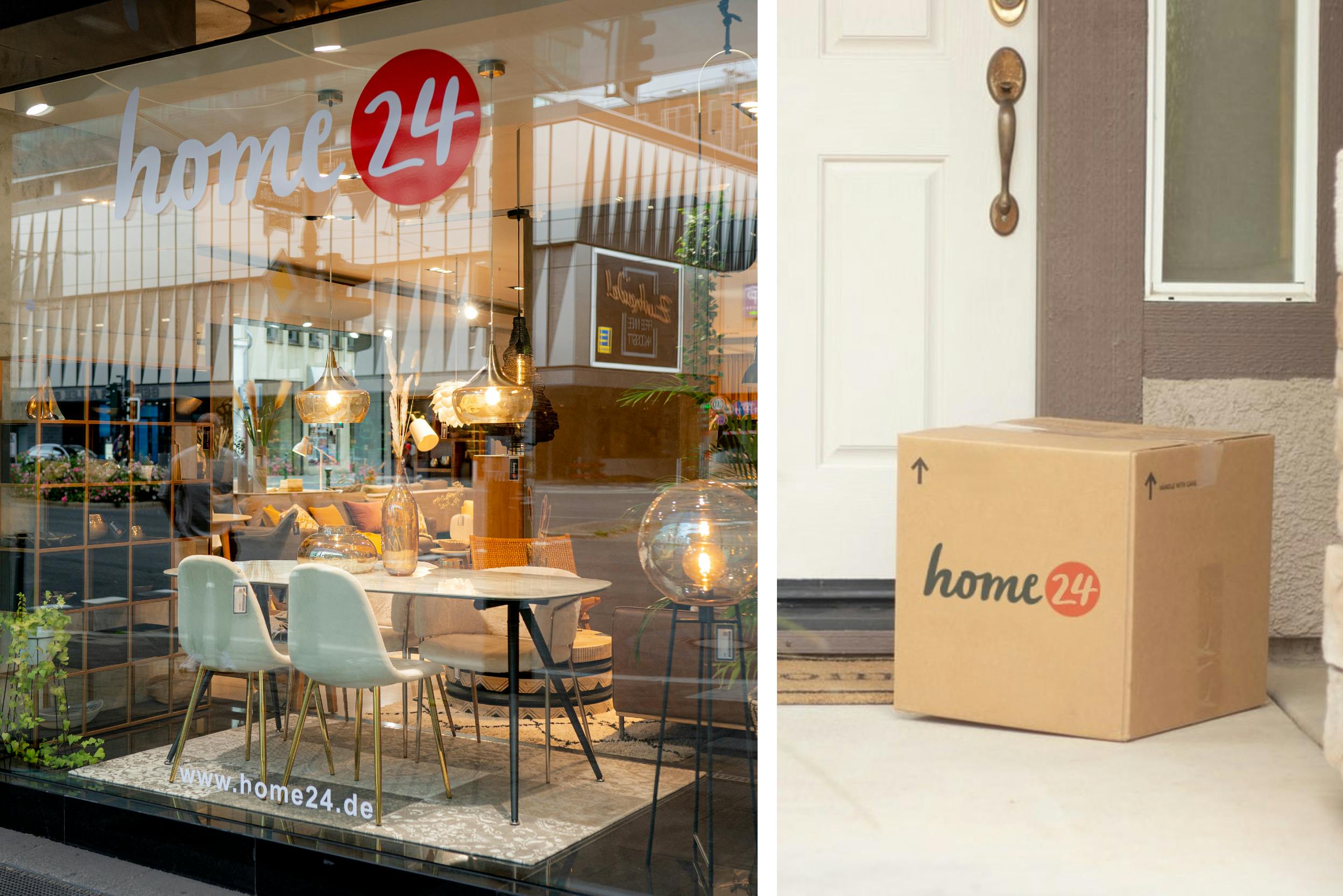 Showroom von home24 und Lieferung eines home24-Pakets vor der Tür