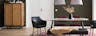 Esszimmer mit Marmortisch und Highboard in Wiener Geflecht, Lederstühlen und Polsterstühlen