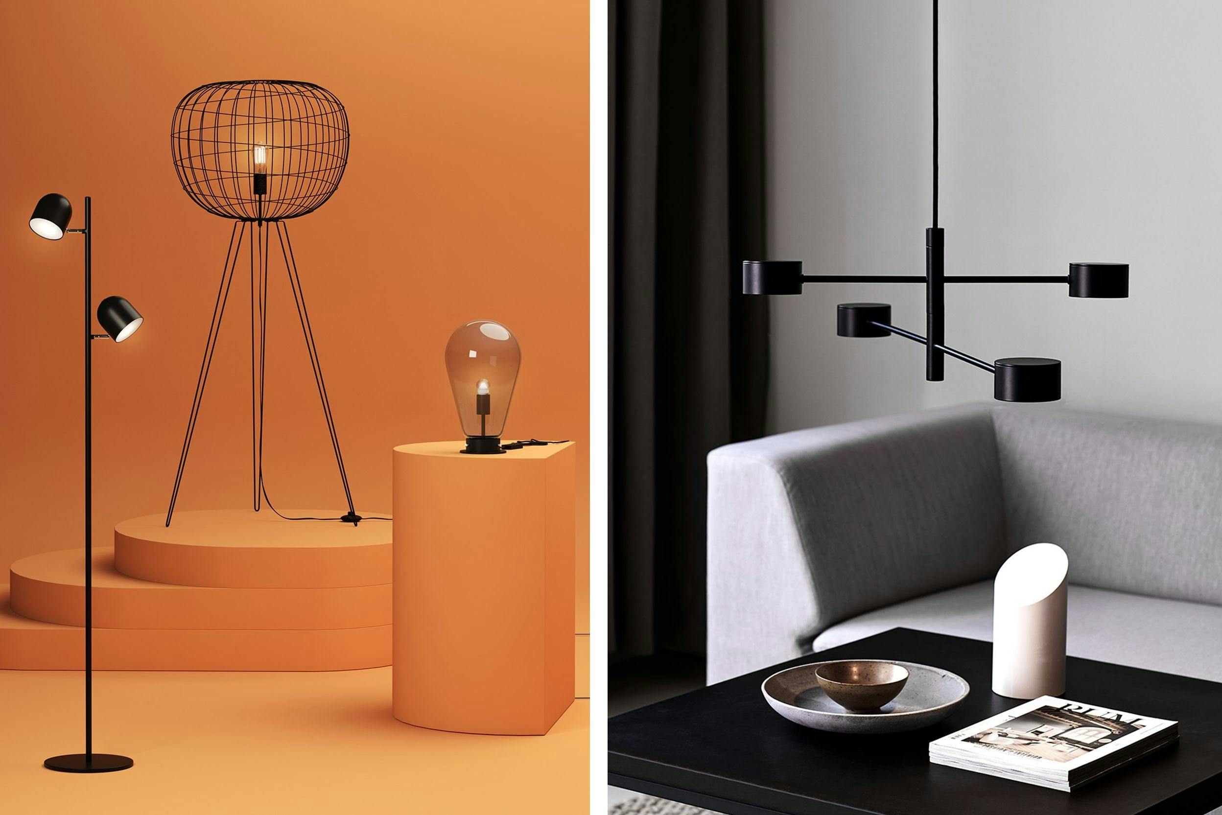Deux photos de lampes : l'une de trois lampes de styles différents, exposées sur fond orange, et la seconde est une suspension noire au-dessus d'une table noire