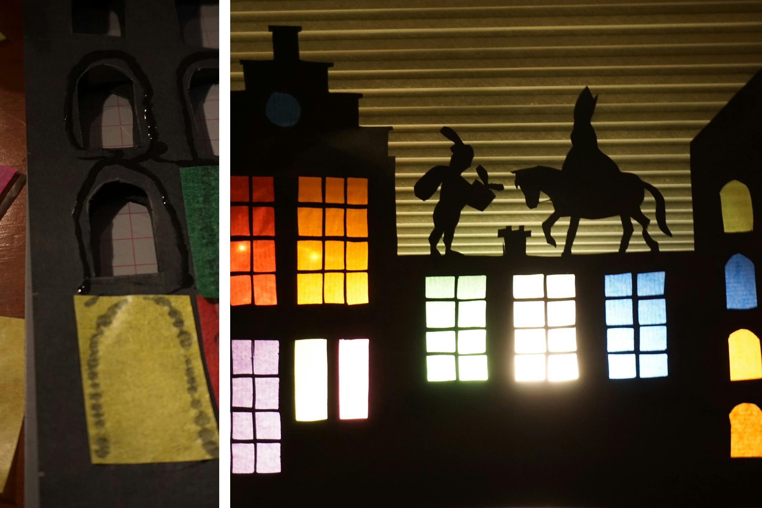 Sinterklaas en piet op het dak karton lijm gekleurd papier