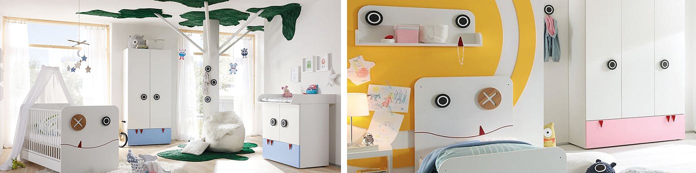 Kindgerecht eingerichtetes Zimmer mit Kinderbett und niedrig angebrachten Schubladen an Schränken sowie ausgewähltes Spielzeug
