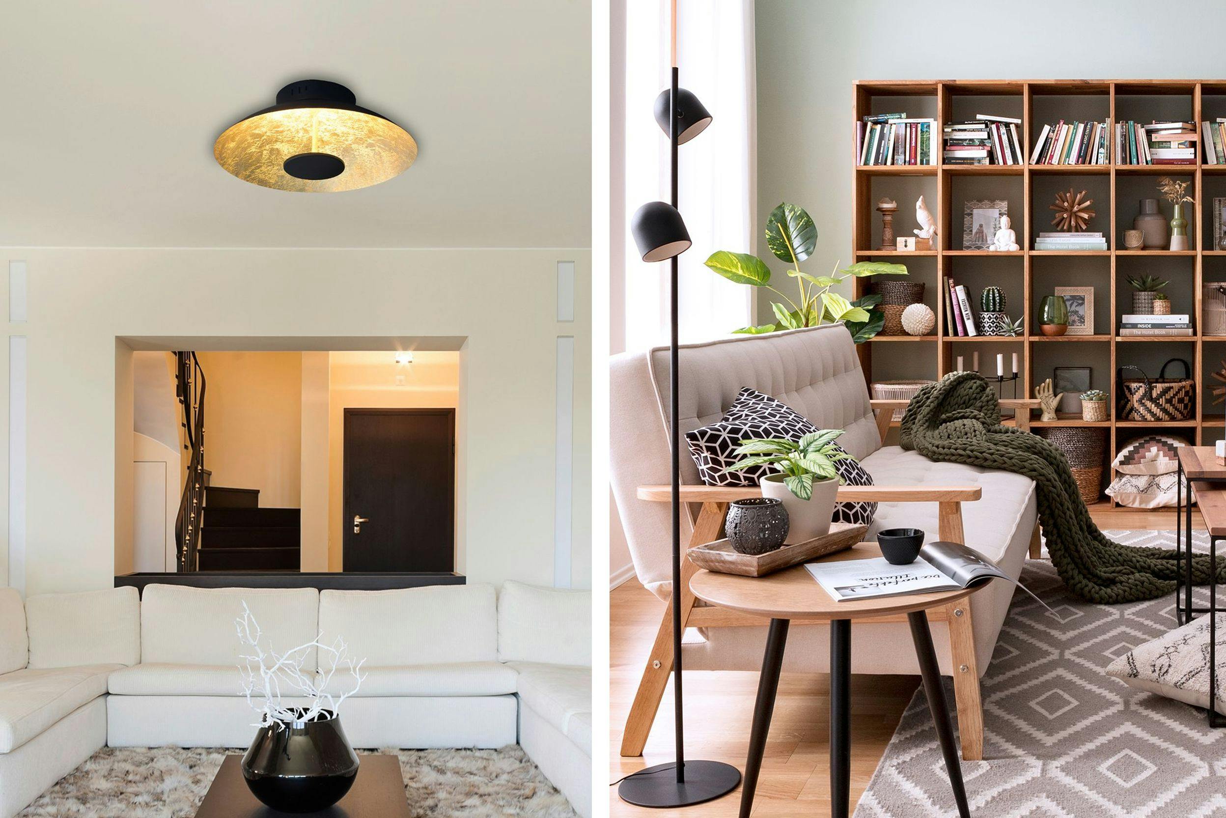 Combo de deux photos de salons de styles différents, avec un plafonnier doré et noir, et la seconde est un lampadaire noir dans un salon de style rustique