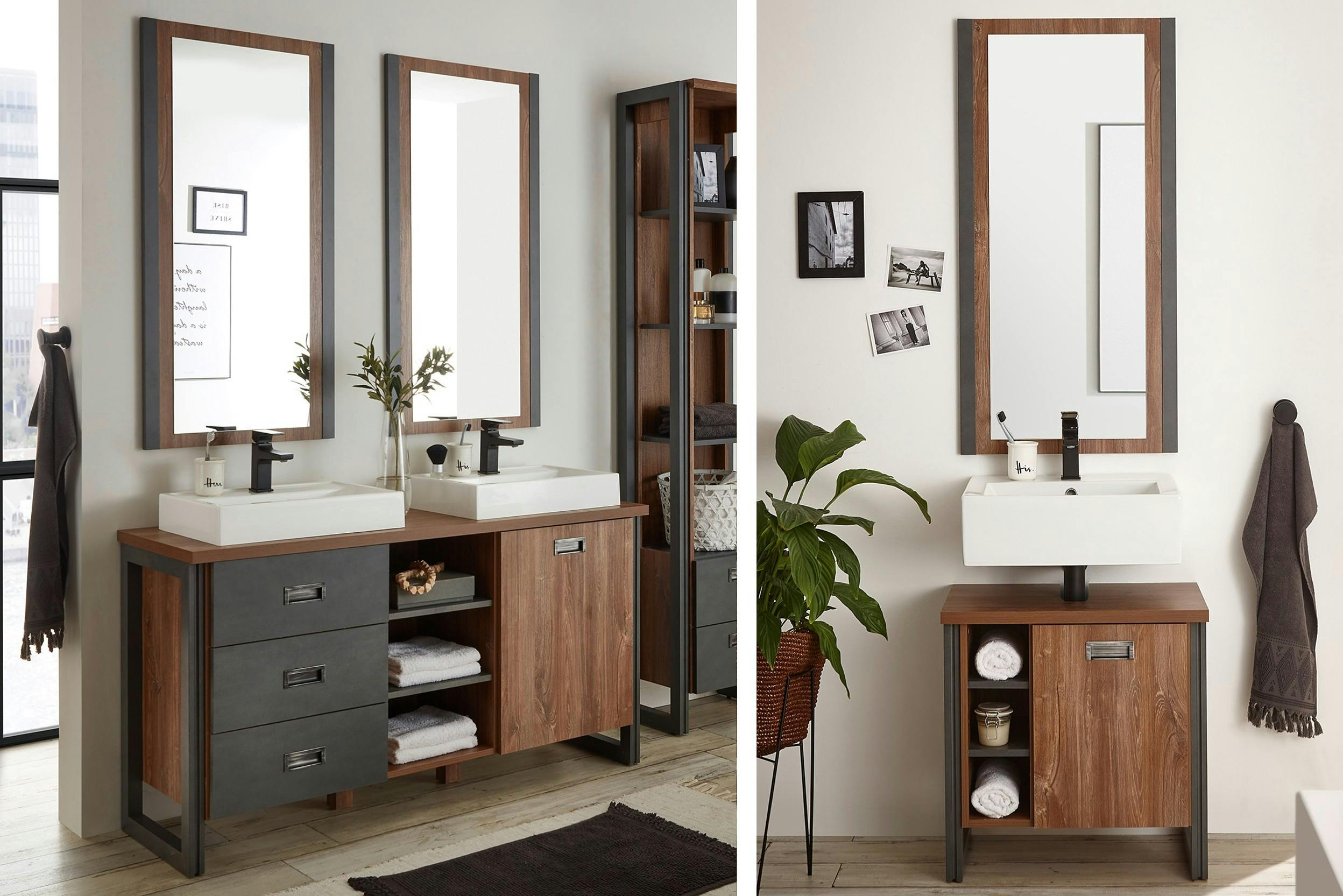 Combo de deux photos de salles de bain style industriel, avec meubles et miroirs