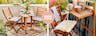 Piccolo balcone con mobili in legno richiudibili e il tavolo è apparecchiato con caprese, pane e vino; piante, cuscini da seduta grigi e un tappeto da esterno beige.