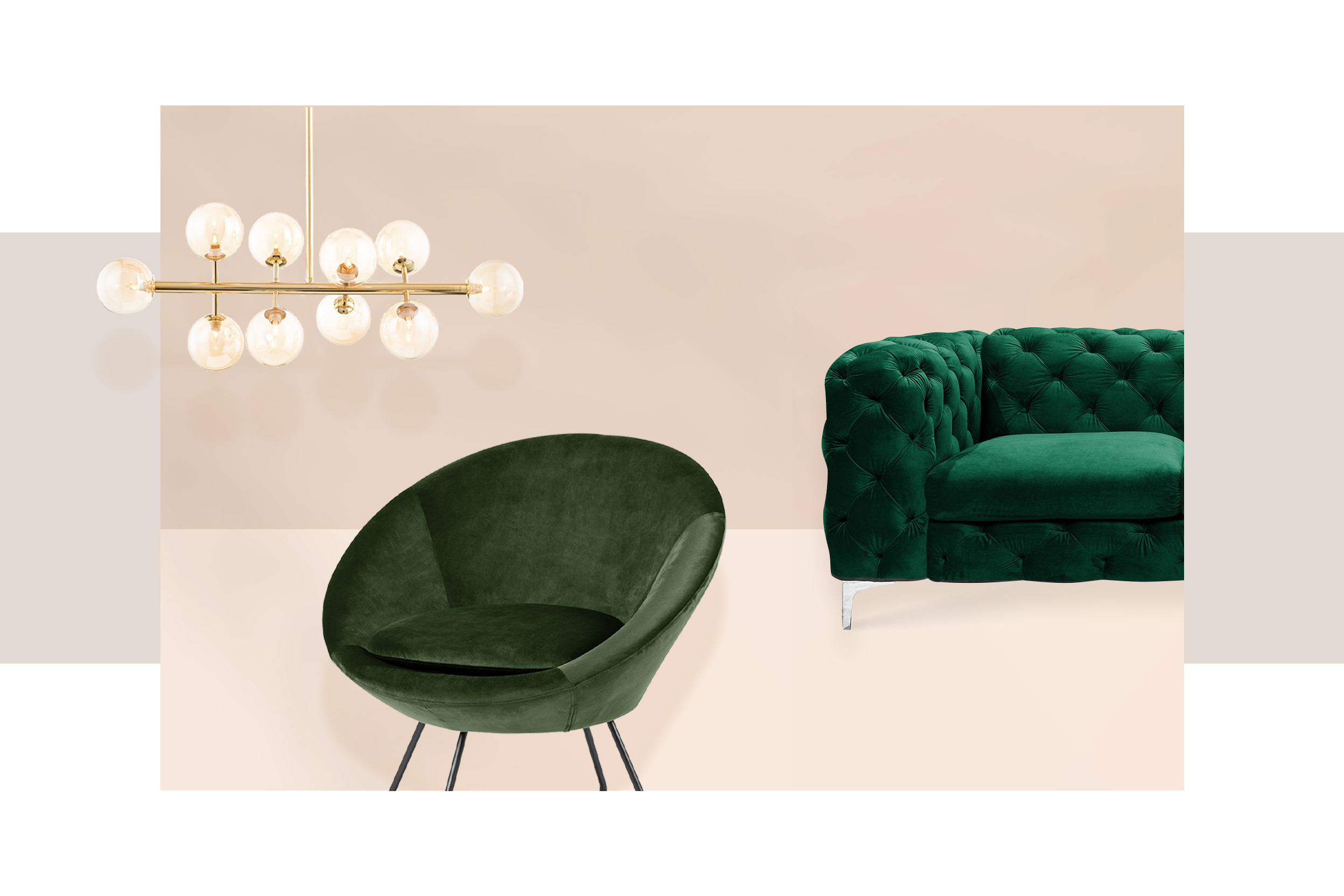 Collage mit beliebten home24 Bestsellern des Jahres 2021 wie Sessel und Sofa aus dunkelgrünem Samtstoff sowie einer goldglänzenden Statement-Leuchte