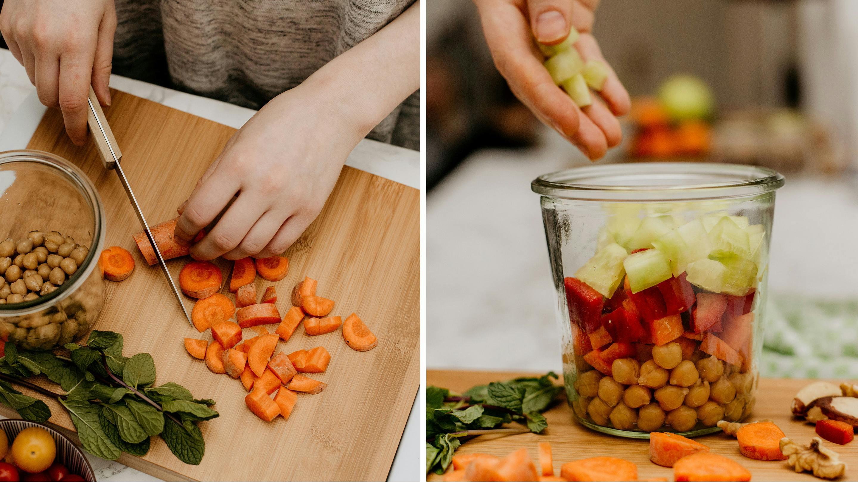 Karotte auf Arbeitsbrett und Glasbehälter mit Kircherebsen, frischem Gemüse in Stücken (Marke: Butlers).