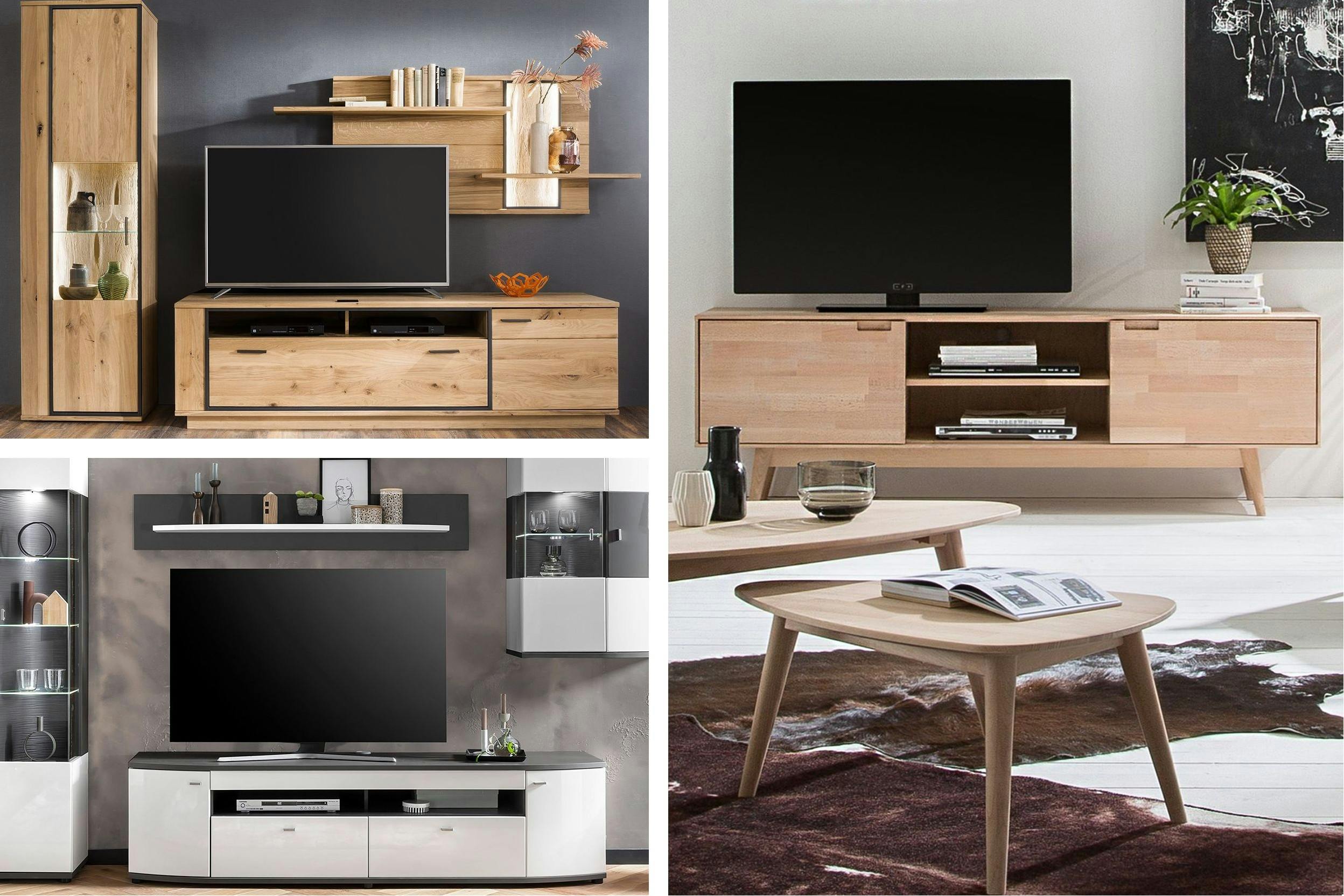 Combo de trois photos de meubles tv avec tv dessus, les trois de styles différents industriel, moderne et scandinave