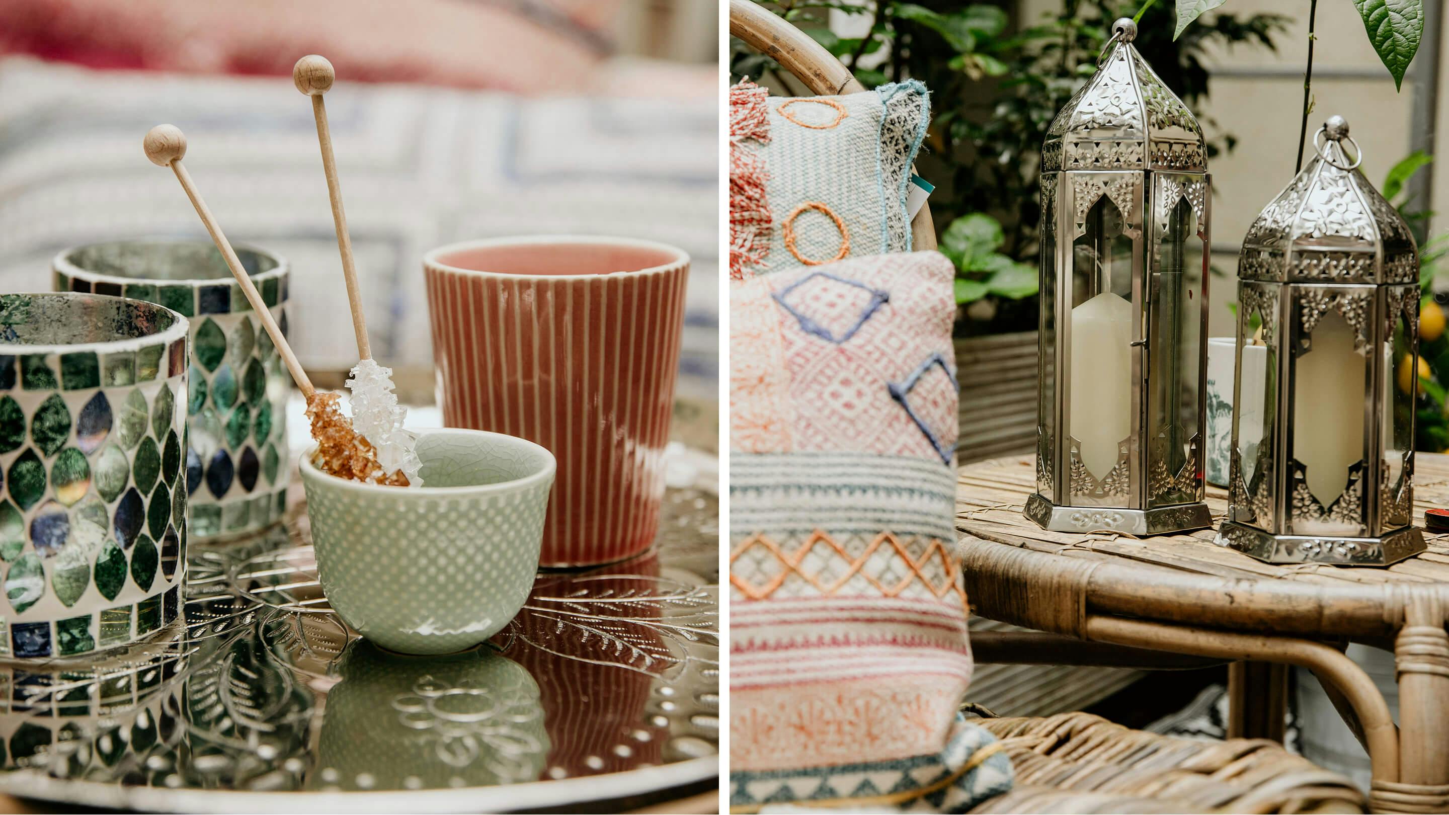 Becher zum Tee Trinken, Windlichter in Blautönen (links) und Windlichter im orientalischen Stil (Marke: Butlers).