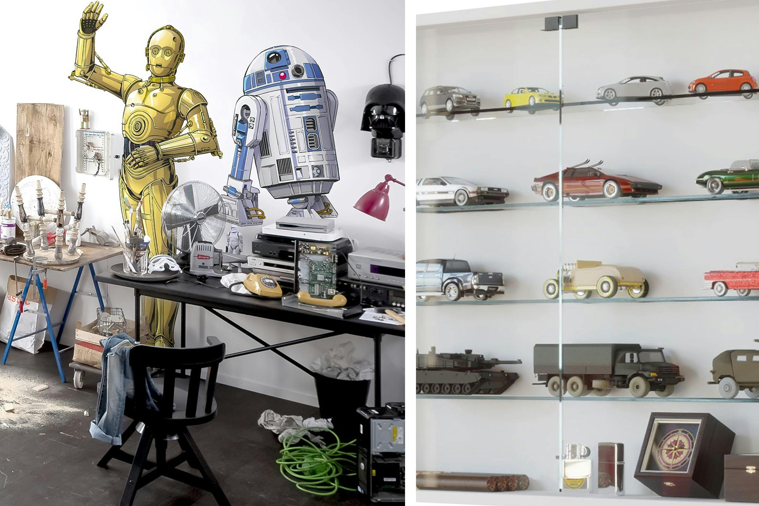 Hobbykamer met klusobjecten en Star-Wars-behang, vitrine met verzameling autootjes e.d.