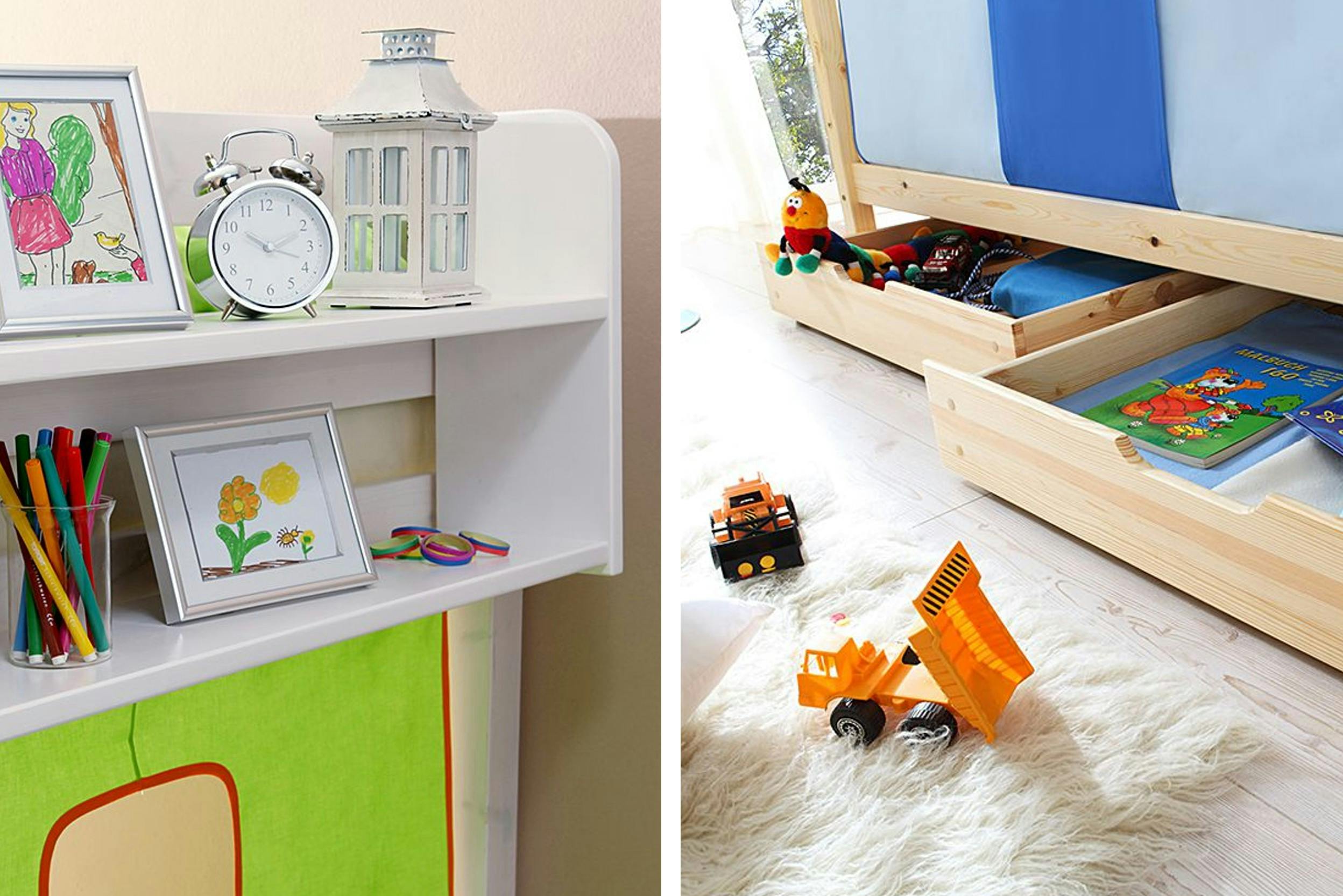 Plankje aan hoogslaper met tekening, wekker en stiften. Laden onder het bed met speelgoed en boeken.
