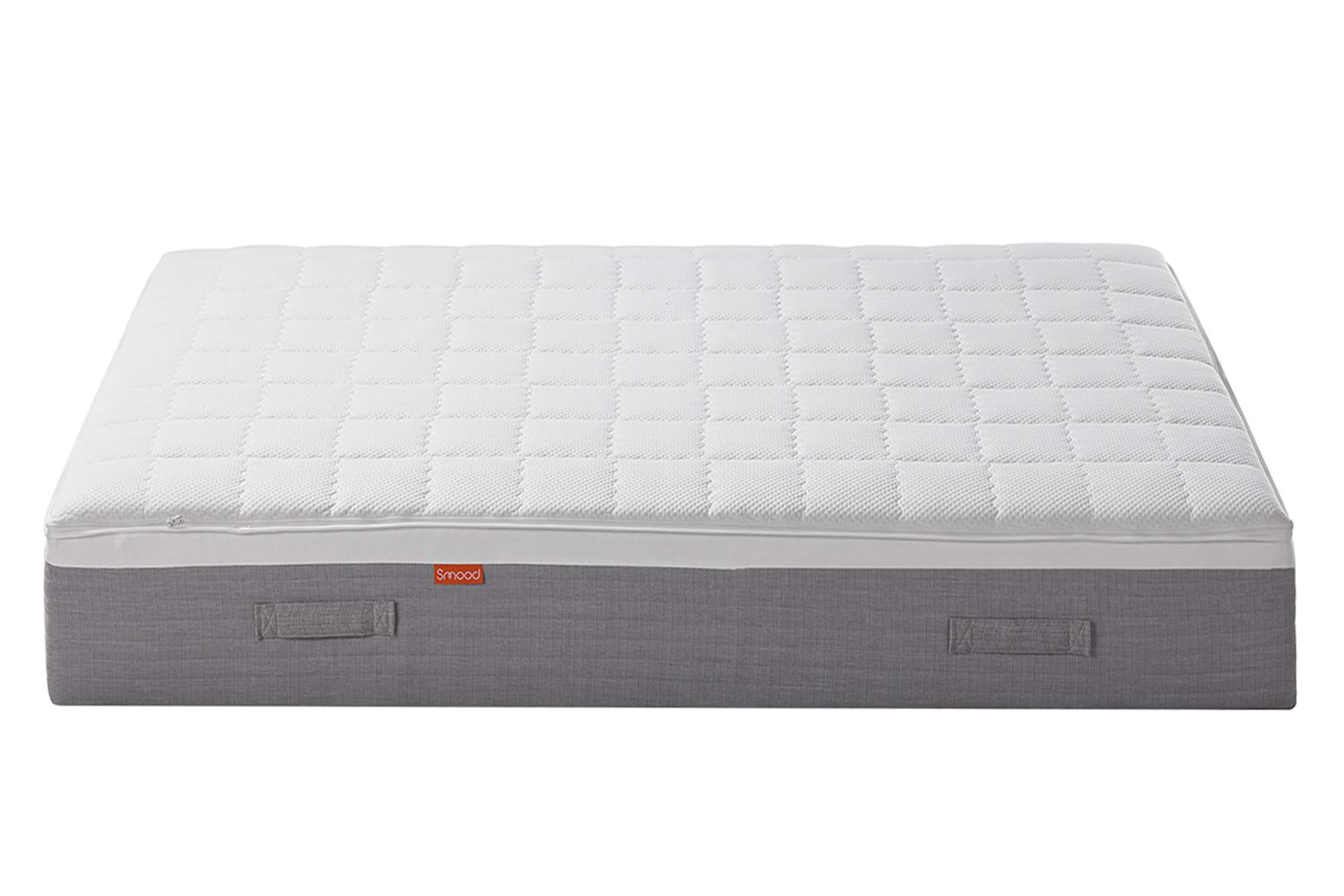 Hellgraue Boxspring-Wendematratze mit seitlichem Tragegriff und orangenem Smood-Etikett