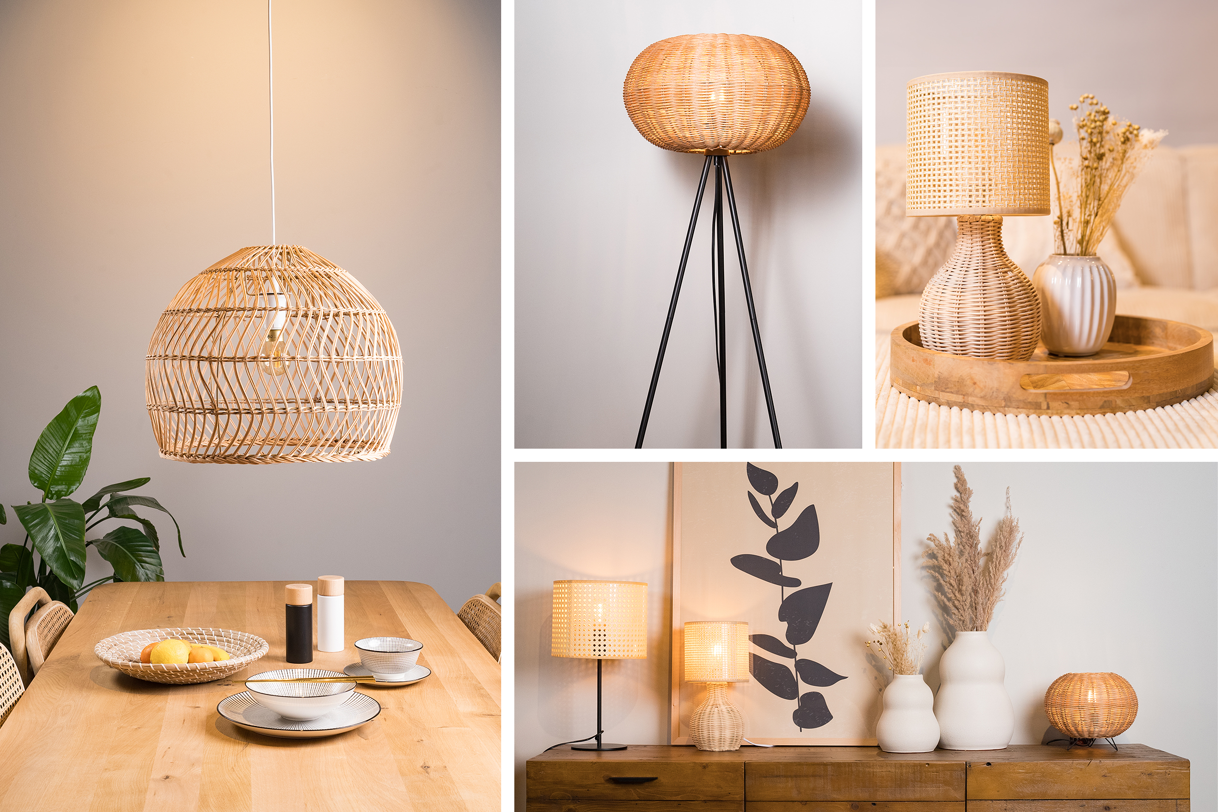 Collage mit einer Steh-, einer Pendel- und verschiedenen Tischleuchten aus Rattan