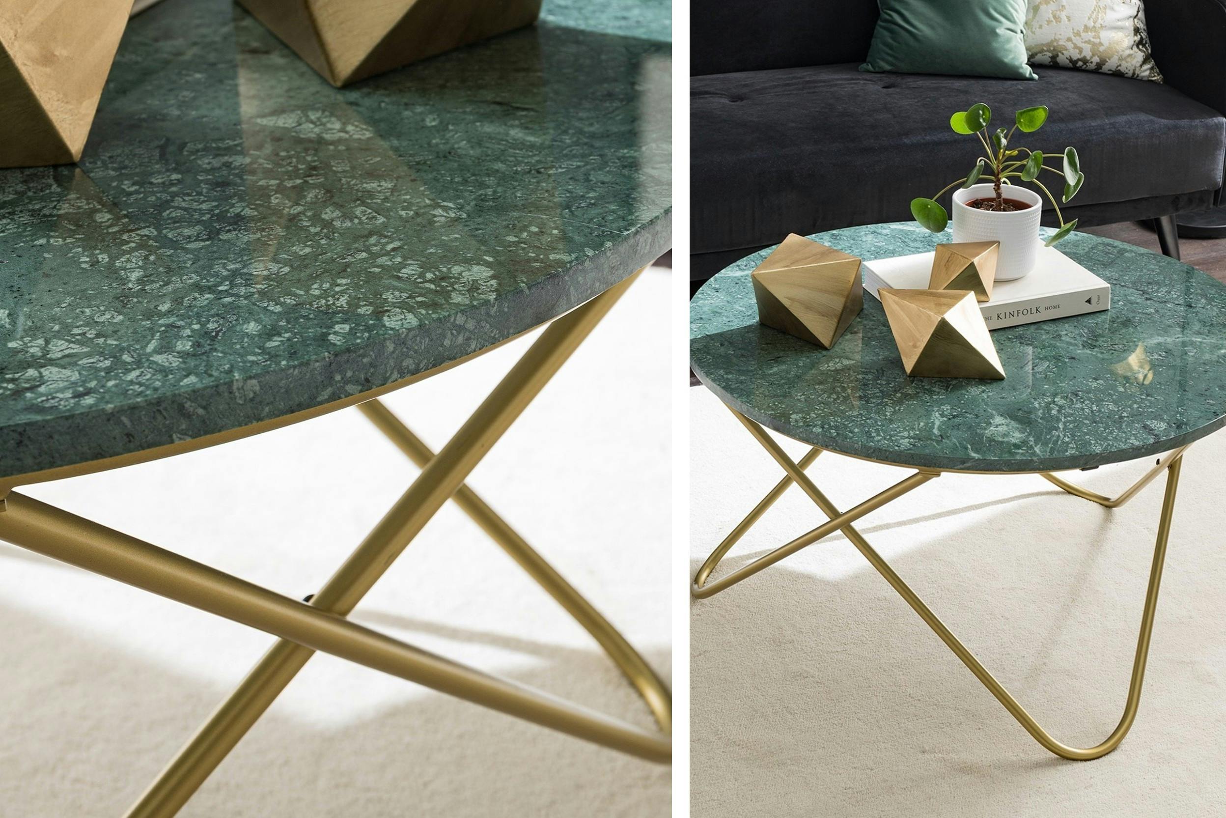 Tavolino con gambe a forcina (hairpin legs) dorate e piano in marmo verde, per uno stile glamour, in tutta semplicità