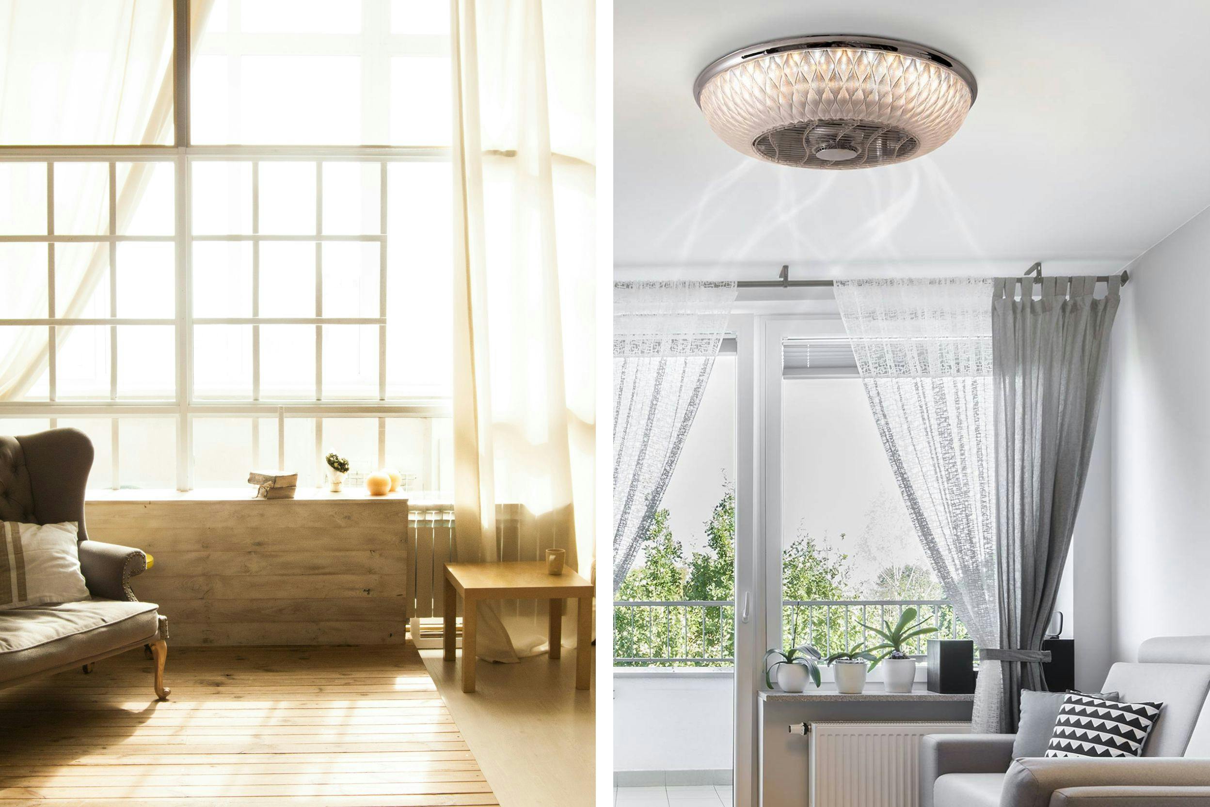 Deux photos : l'une est d'une pièce très lumineuse, avec rideaux blancs translucides et quelques meubles en bois clair ; l'autre est une pièce lumineuse avec plafonnier ventilateur, rideaux ouverts blancs translucides et meubles clairs