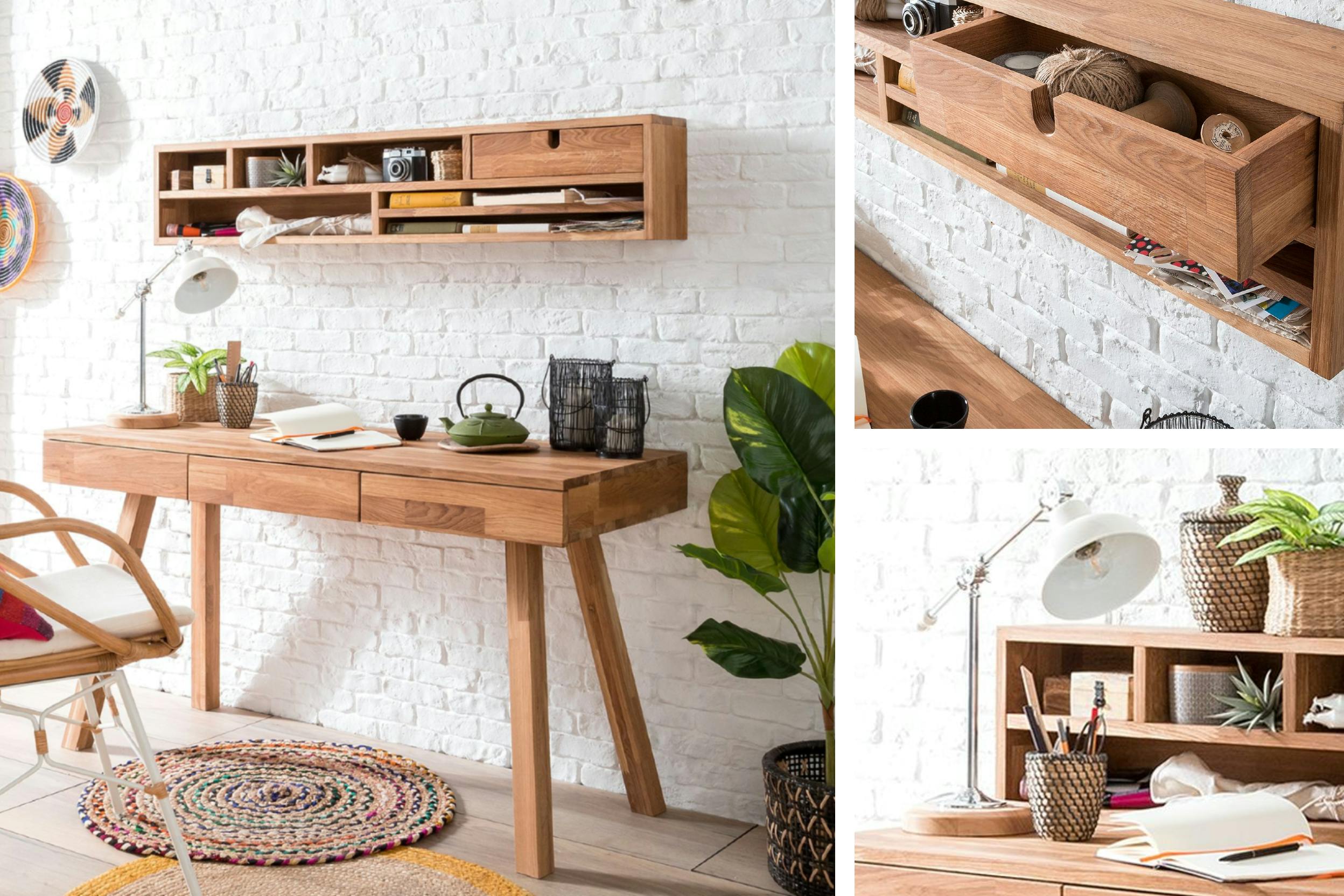 Handig houten bureau met opbergruimte erboven en laden voor een opgeruimde werkplek.