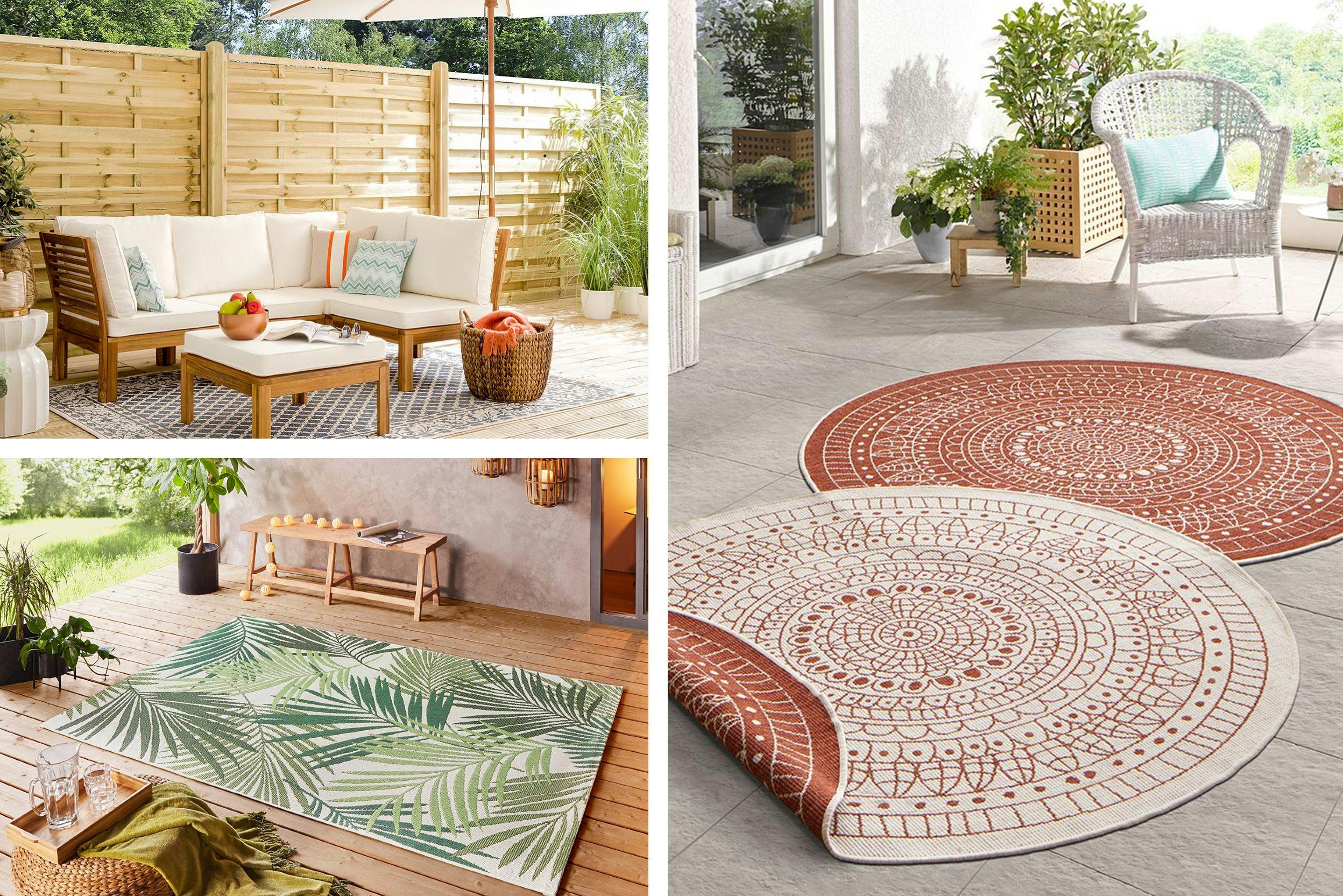 Trois photos de tapis extérieurs, de couleurs, formes et styles variés, réversibles ou pas, sur terrasse ou patio 