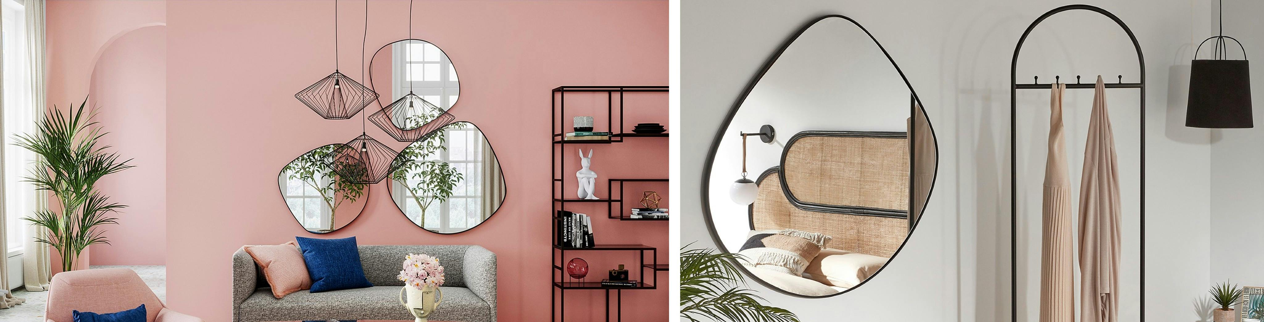 Organische, asymmetrische wandspiegels tegen een roze woonkamerwand en in een slaapkamer in natuurtinten.