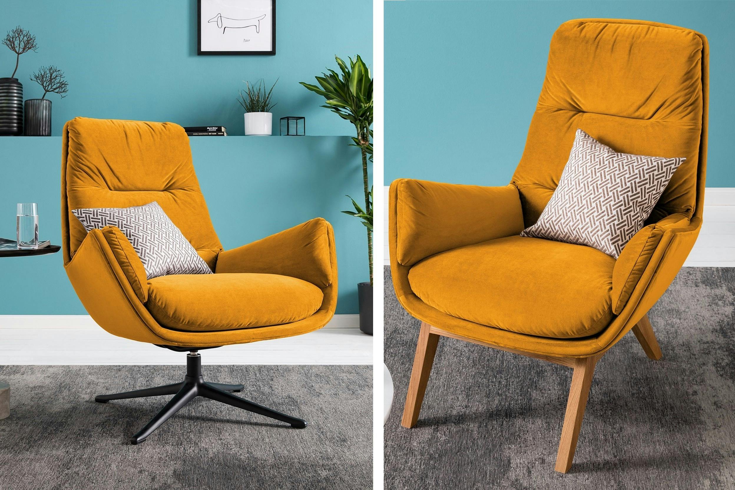 Gelber Sessel aus Samt mit Armlehnen und Drehfuß (links) und hellbraunen Massivholz-Beinen (rechts). Marke: Studio Copenhagen
