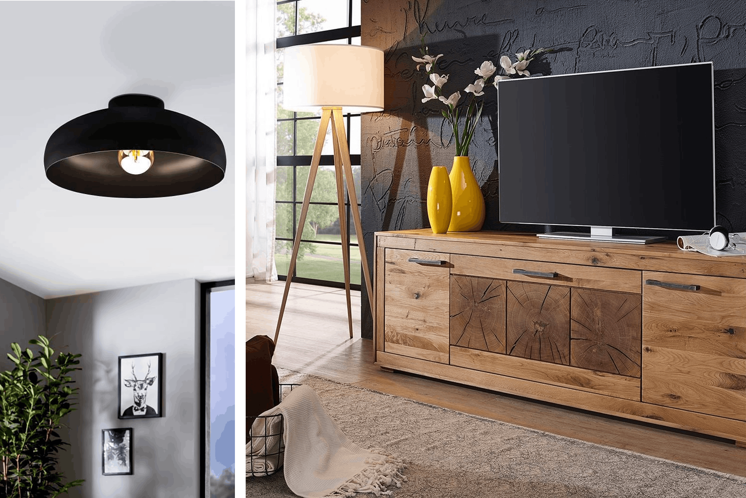 Lampada nera da soffitto, mobile TV con cassetti contenitori e lampada di design nordico