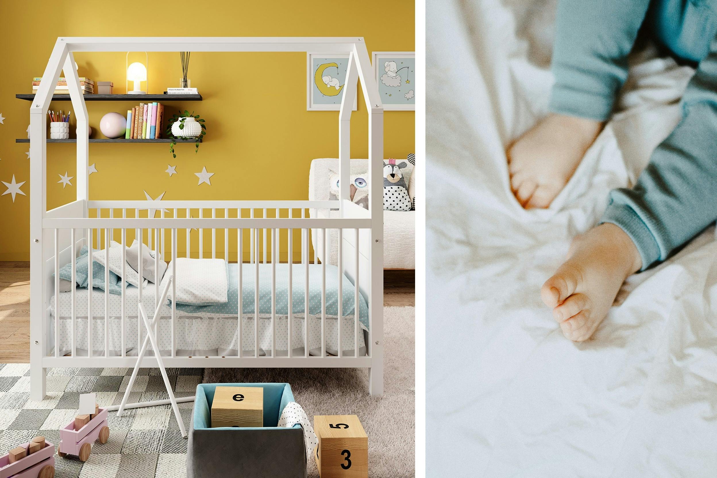 Weißes Gitterbettchen in Kinderzimmer und Babyfüße auf Bettdecke