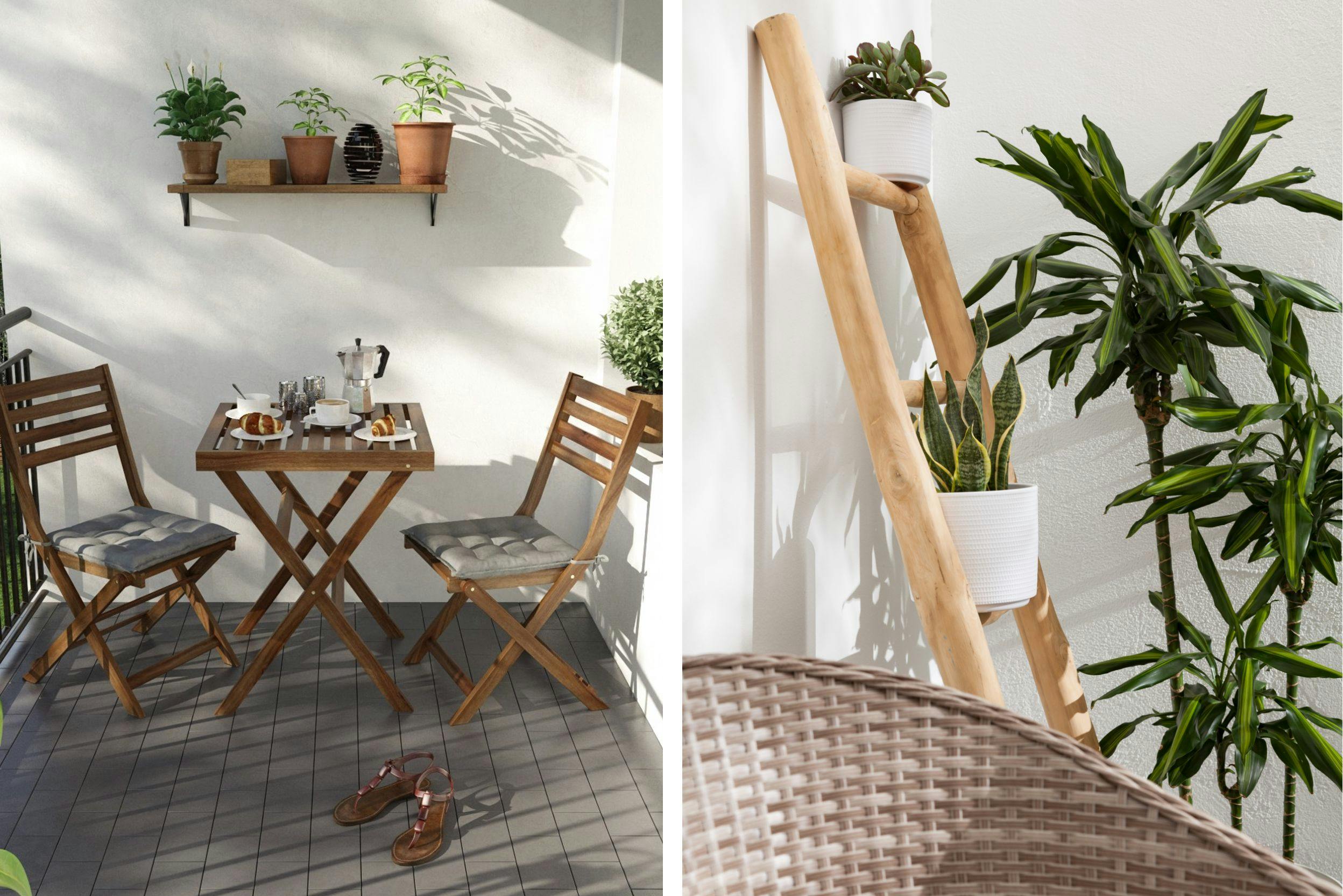Combo de deux photos, l'une d'un petit balcon avec une table et deux chaises en bois, pliantes, une petite étagère murale avec pots de plantes. La seconde photo est un gros plan de plantes décoratives sur un balcon